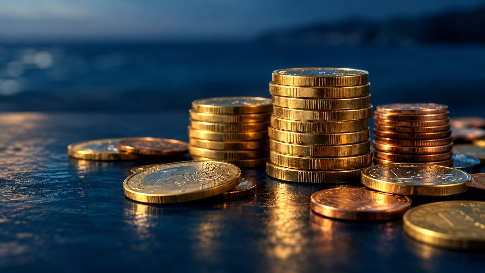 Euro coins stacked on a dark blue background, representing the economic opportunity.